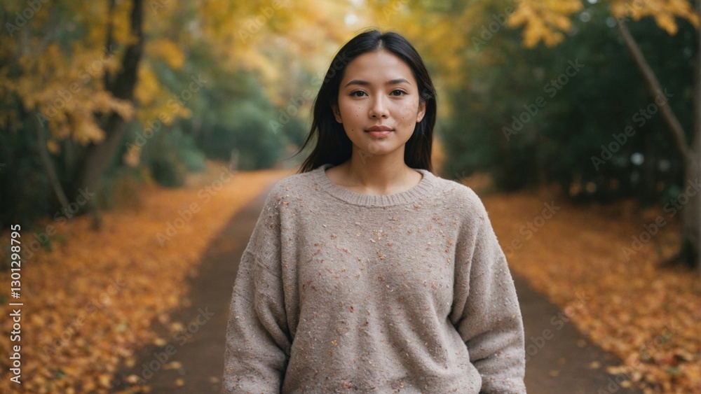 Southeast Asian Woman in Cozy Sweater Walking Autumn Trail with Colorful Leaves, Seasonal Harmony Southeast Asian Woman in Cozy Sweater Walking Autumn Trail with Colorful Leaves, Seasonal Harmony