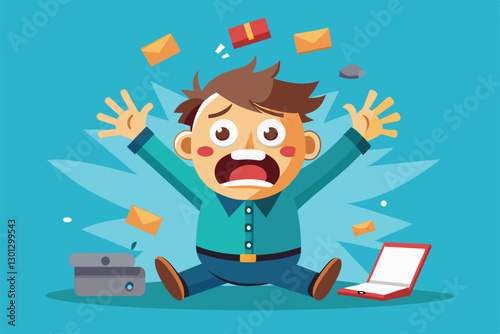 A cartoon character expresses frustration while being overwhelmed by scattered envelopes and objects, Overwhelmed Customizable Cartoon Illustration