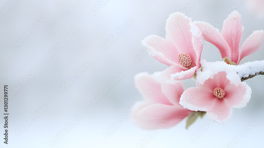 Magnolia blossoms, dusted with snow, create a serene contrast of warmth and cold, symbolizing resilience and beauty in winter. Magnolia blossoms, dusted with snow, create a serene contrast of warmth and cold, symbolizing resilience and beauty in winter.