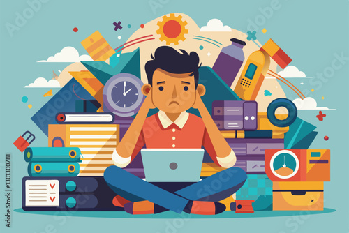 A person struggles to concentrate, surrounded by various office supplies and distractions during the day, Overwhelmed Customizable Semi Flat Illustration