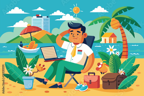 An overworked employee sits on a beach chair, attempting to unwind while using a laptop in a tropical paradise, Overworked employee on vacation in tropical and exotic country,