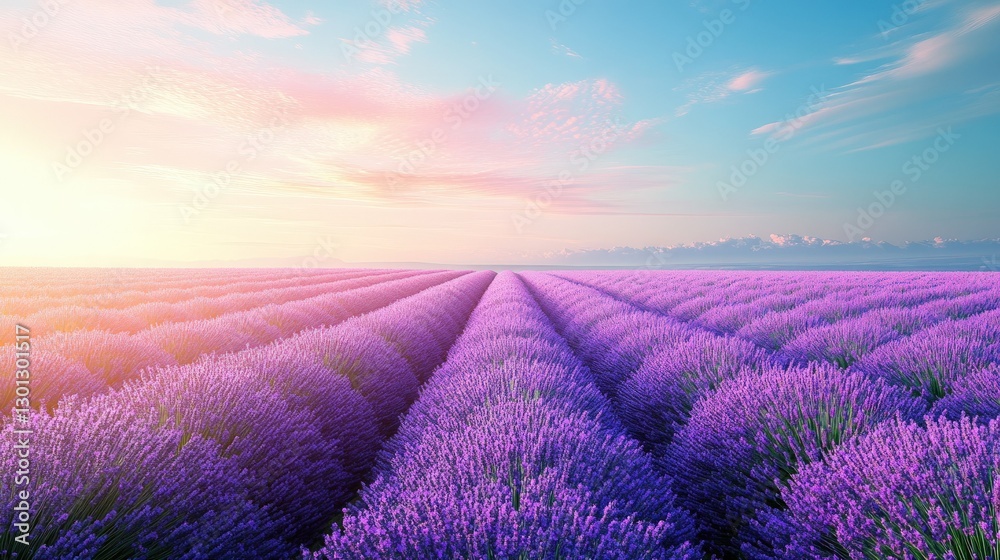 Rows of lavender flowers in a field at sunset. Rows of lavender flowers in a field at sunset.