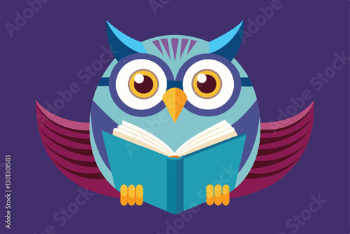 A colorful owl reads an open book, showcasing curiosity and wisdom in a vibrant setting, Owl reading a book.