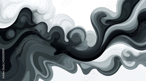 A vector illustration of swirling clouds and smoke, creating an abstract background with flowing lines and dark gray tones on a white background.