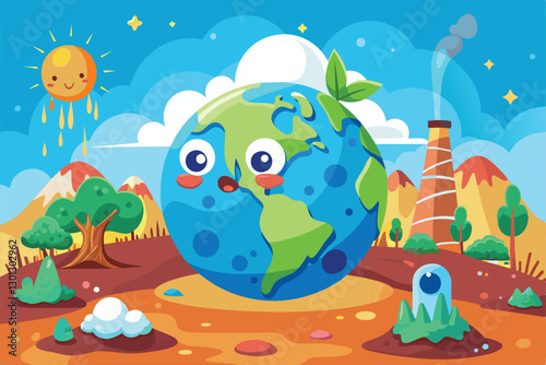 A colorful cartoon shows Earth with a sad face, surrounded by pollution and environmental changes, Ozone layer depletion Customizable Cartoon Illustration