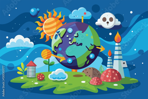 A vibrant cartoon depicts Earth facing ozone layer depletion, surrounded by the sun, clouds, and factories, Ozone layer depletion Customizable Cartoon Illustration