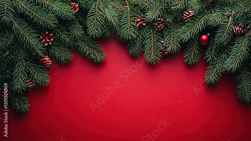 Christmas banner with a festive border of fluffy dark green fir branches on a red background, featuring a top view flat lay style with copy space for text.