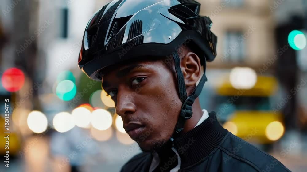 Individual wearing a helmet gazing intently on busy urban street Individual wearing a helmet gazing intently on busy urban street