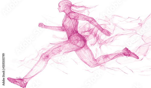 Translucent pink female runner in dynamic posture, flowing lines, and ethereal motion