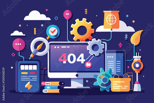 A creative visual representation of a page not found error with various tech elements surrounding a computer display, Page not found, error 404, Modern technologies and innovations,