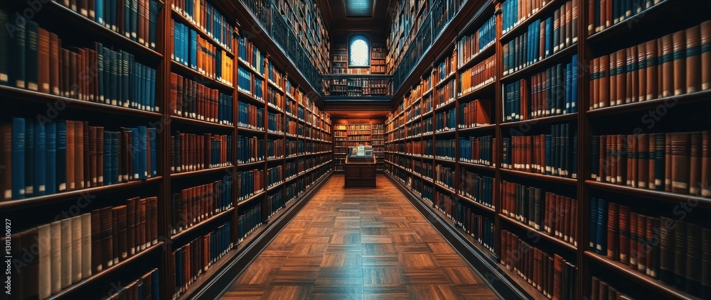 A long hallway lined with bookshelves, filled with books in a library. A long hallway lined with bookshelves, filled with books in a library.