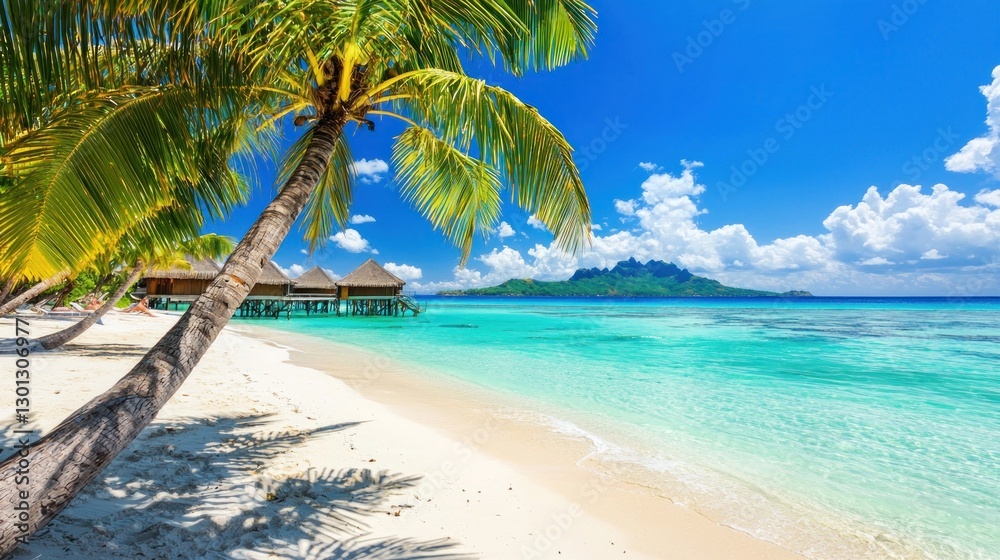Fototapeta premium Tropical Paradise: Idyllic Beach Scene with Overwater Bungalows