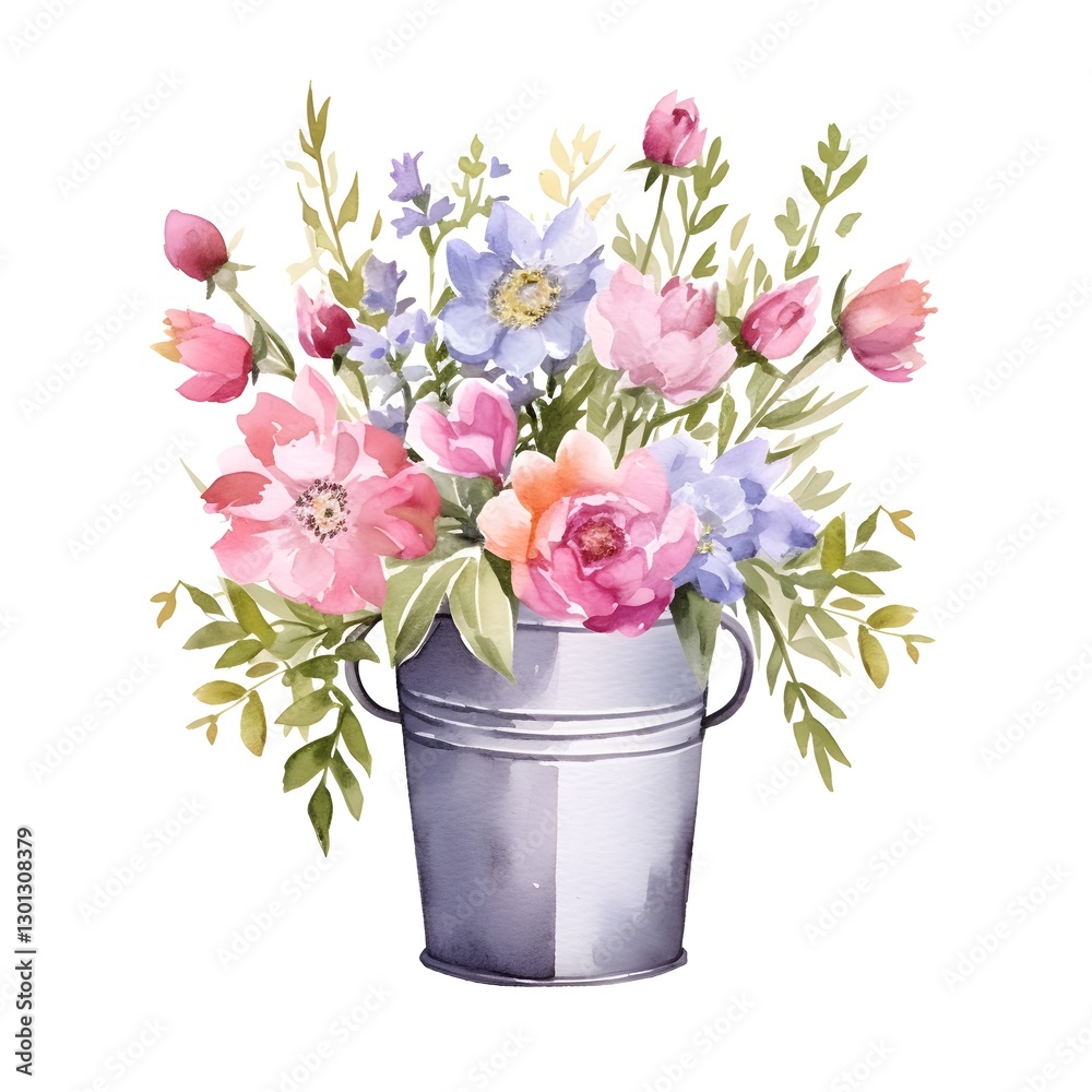 Bouquet of watercolor flowers in the vase. A colorful fresh flowers in a vase on a white background of watercolor. Bouquet of watercolor flowers in the vase. A colorful fresh flowers in a vase on a white background of watercolor.