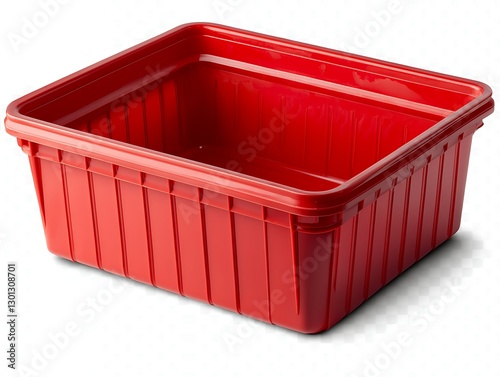 Red plastic storage bin on white
