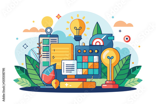 A colorful arrangement of light bulbs, notes, and tools highlights creativity and innovation in a workspace, Paid idea Customizable Semi Flat Illustration
