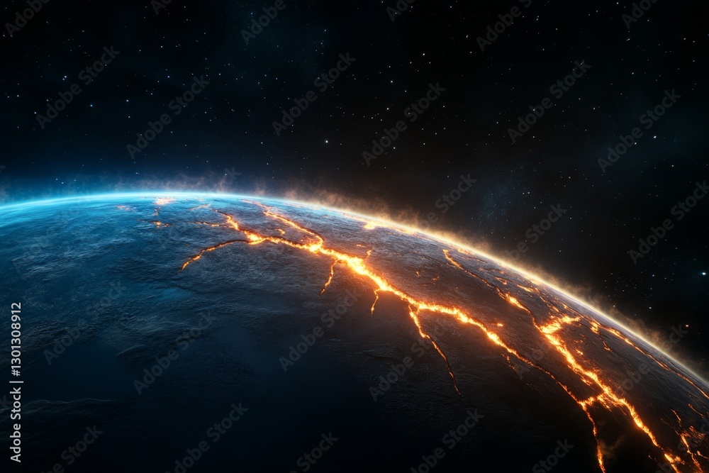 Obraz premium A mystical version of Earth with fiery cracks forming across its surface, symbolizing extreme climate change