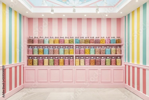 A pastel candy store interior with neatly organized jars and candy stripes on the walls, exuding sweetness.