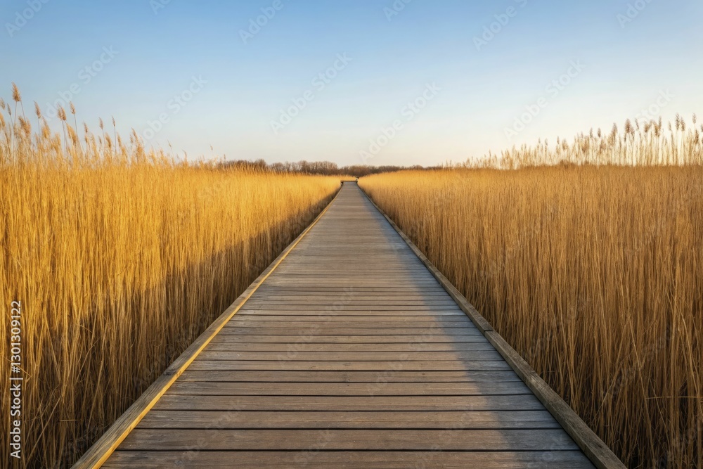 Obraz premium A serene shot of a winding wooden boardwalk cutting through tall golden reeds under a crisp, cloudless sky.