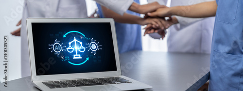 AI ethics responsibility standard law and rules on computer screen provide report of AI ethic transparency preventing technology crime. brisk