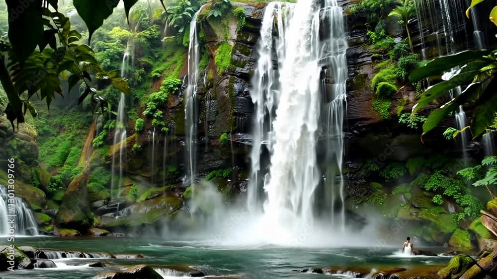 Majestic jungle waterfall cascading into vibrant pool with lush greenery surroundings Majestic jungle waterfall cascading into vibrant pool with lush greenery surroundings