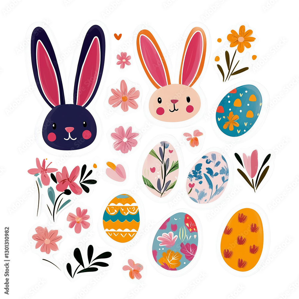 Colorful easter bunny stickers spring celebration digital art whimsical top-down Colorful easter bunny stickers spring celebration digital art whimsical top-down