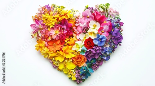 Vibrant Rainbow Floral Heart Shaped Arrangement Beautiful Colorful Flowers Romantic Spring Summer Design Festive Botanical Nature Image Perfect for   