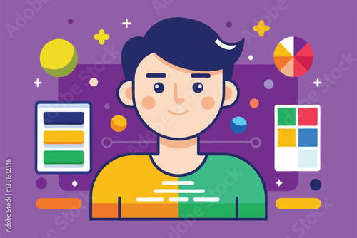 A character engages with a colorful palette, surrounded by design elements and shapes on a purple background, Palette Customizable Flat Illustration