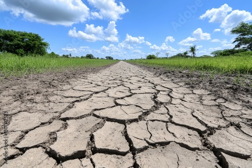 A parched riverbed with cracked mud, once a thriving source of water, now dried up