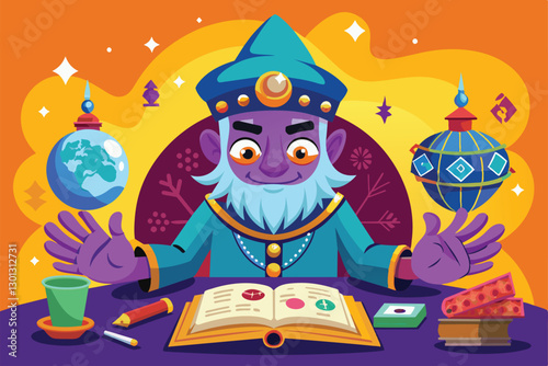 A whimsical cartoon character reads palms and predicts futures while surrounded by mystical items and illustrations, Palm reading Customizable Cartoon Illustration