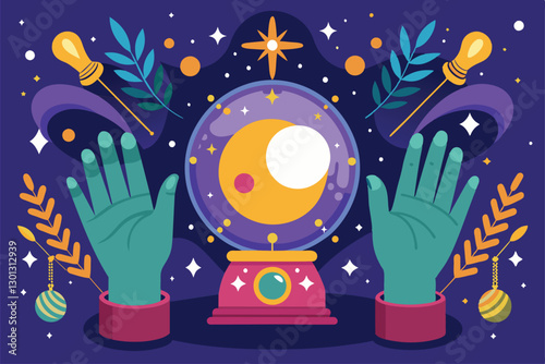Bright illustration presents a pair of hands above a crystal ball surrounded by mystical elements and stars, Palm reading Customizable Flat Illustration