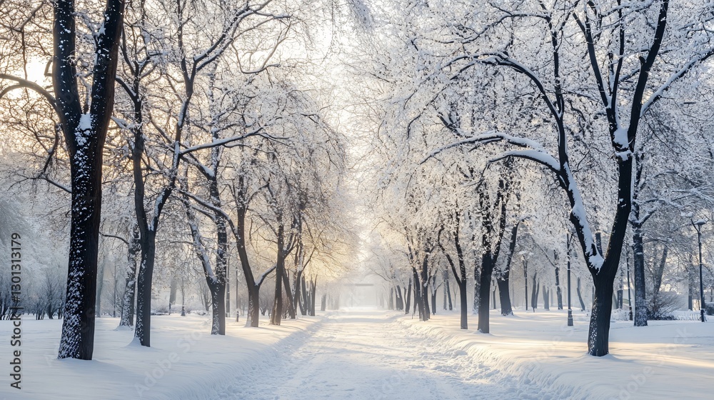 Serene Winter City Park Landscape with Trees for Background Usage Serene Winter City Park Landscape with Trees for Background Usage
