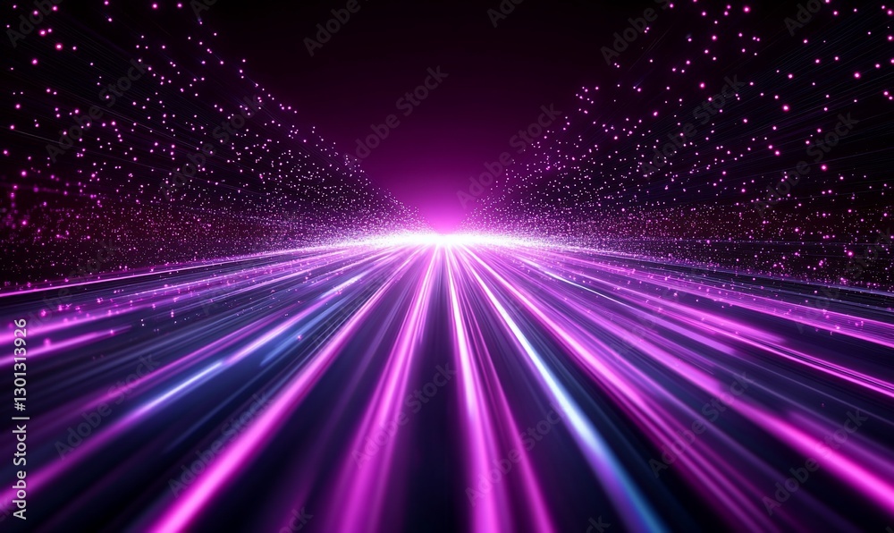 Fototapeta premium Purple light streaks on dark road, particle background, futuristic travel