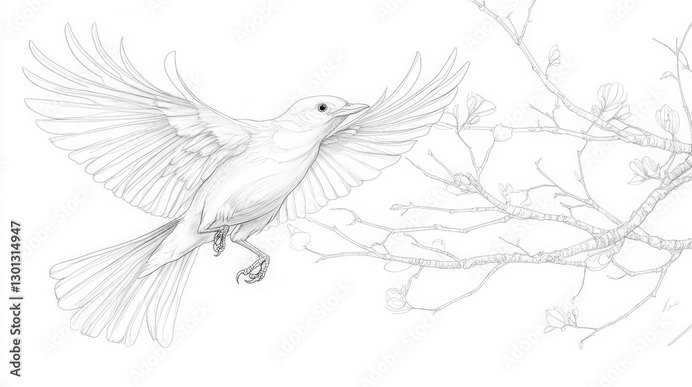 Elegant line art depiction of a bird taking flight near blooming branches Elegant line art depiction of a bird taking flight near blooming branches
