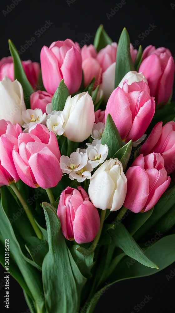 Fototapeta premium Easter Holiday, Easter Concept, Vibrant Bouquet of Pink and White Tulips with Delicate White Flowers