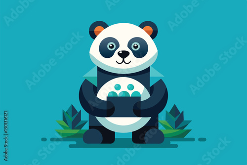 A cute panda holds a cluster of colorful treats surrounded by greenery, showcasing a playful moment, Pandas Customizable Semi Flat Illustration
