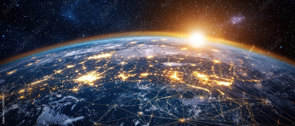 Obraz premium Global Network: Earth's Interconnected Cities at Sunrise
