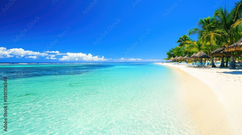 Fototapeta premium Tropical Beach Paradise: Azure Waters, White Sands, and Palm Trees
