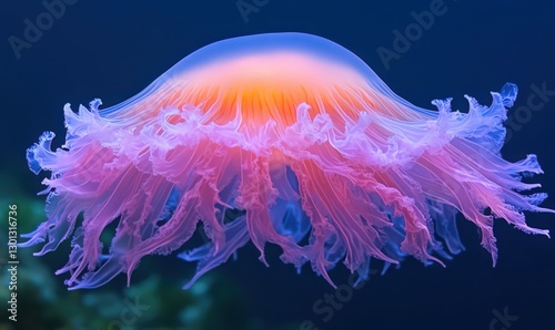 Pink and Orange Jellyfish with Flowing Tentacles in Dark Blue Water photo