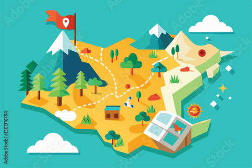 A colorful map features mountains, forests, and paths, inviting adventurous exploration of the landscape, Paper map Customizable Disproportionate Illustration