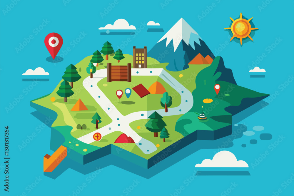 Fototapeta premium A colorful flat map displays a detailed landscape with trees, mountains, and buildings, perfect for exploration, Paper map Customizable Flat Illustration