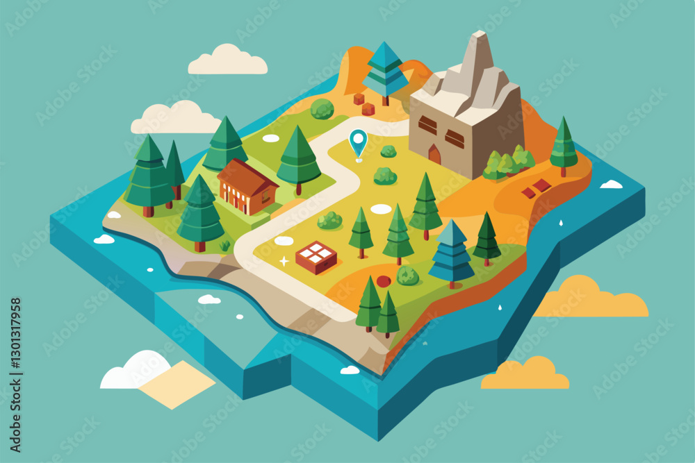A colorful semi-flat customizable paper map displays an outdoor landscape with trees, paths, and mountains, Paper map Customizable Semi Flat Illustration A colorful semi-flat customizable paper map displays an outdoor landscape with trees, paths, and mountains, Paper map Customizable Semi Flat Illustration