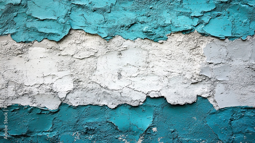 Obraz premium Close-up of a colorful turquoise, gray, and white urban wall texture with a modern pattern. This creative urban city background is perfect for wallpaper or mockup presentation design and features 