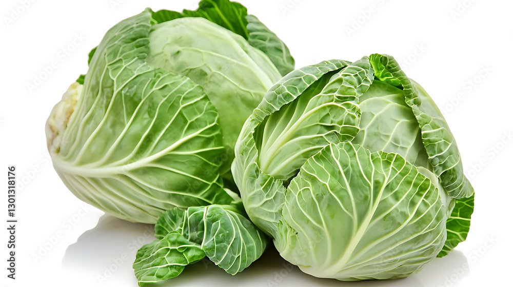 Fototapeta premium Two large green cabbage heads sit on a white background. generated using AI