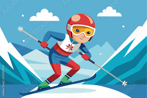 A young skier navigates a snowy mountain landscape, showcasing determination and skill in a cartoon style, Para alpine skiing Customizable Cartoon Illustration