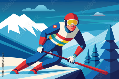 A skilled para alpine skier expertly maneuvers down a snowy slope against a backdrop of mountains and trees, Para alpine skiing Customizable Disproportionate Illustration