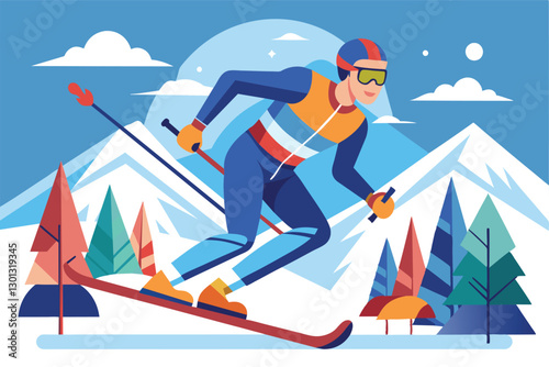 A skilled skier expertly navigates through a winter wonderland, surrounded by mountains and trees, Para alpine skiing Customizable Flat Illustration