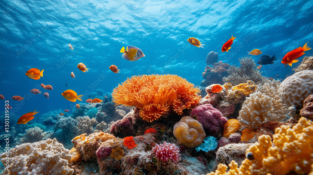 Naklejka premium Vibrant coral reef with colorful fish swimming gracefully