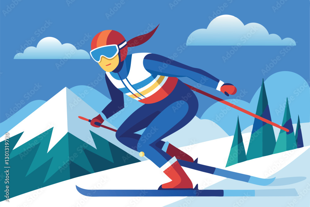 A skier competes in para alpine skiing on a semi-flat course surrounded by snowy mountains and a clear sky, Para alpine skiing Customizable Semi Flat Illustration A skier competes in para alpine skiing on a semi-flat course surrounded by snowy mountains and a clear sky, Para alpine skiing Customizable Semi Flat Illustration