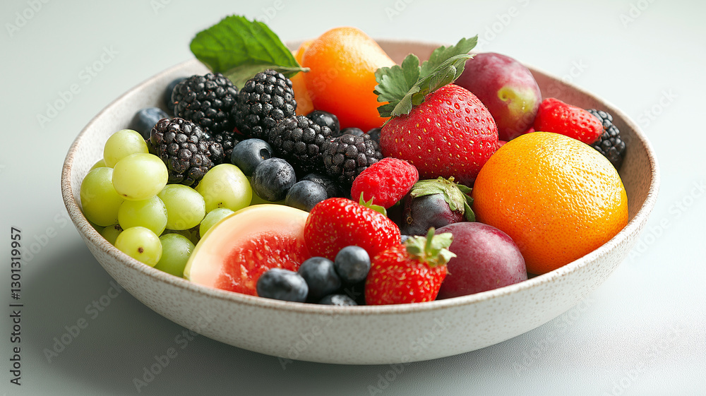Fresh fruit bowl with berries, grapes, and citrus fruits Fresh fruit bowl with berries, grapes, and citrus fruits