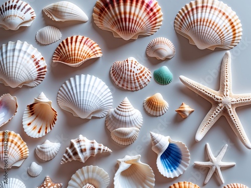 Beautiful collection of seashells and starfish in various colors and shapes.